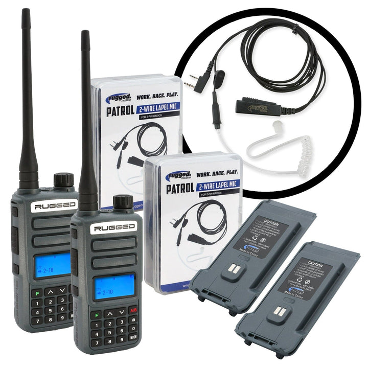 Rugged Radios GREAT OUTDOORS PACK - GMR2 PLUS GMRS and FRS Two Way Handheld Radios with Lapel Mics and XL Batteries - Rugged Terrain