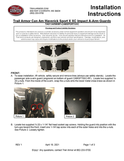 Trail Armor iMpact A-Arm Guards | 2020-23 Can-Am Maverick Sport X / Commander Max / Commander X/XT (Installation Instruction)