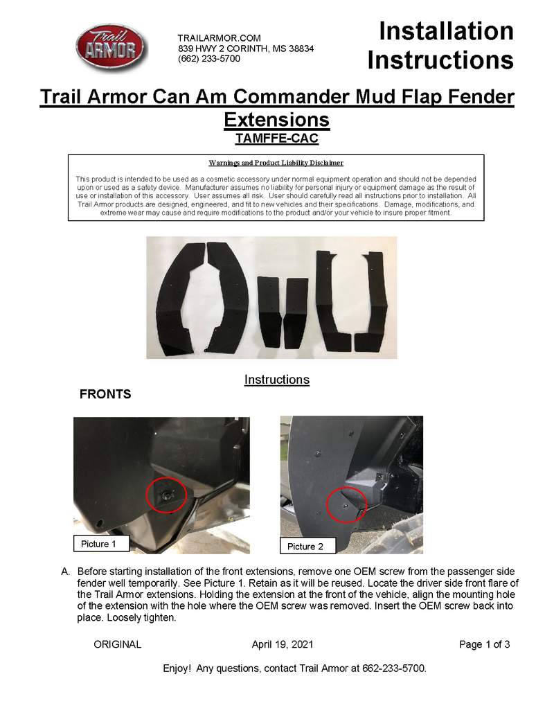 Trail Armor Mud Flap Fender Extensions | 2021-22 Can-Am Commander XT \ DPS \ Max(Installation Instruction)