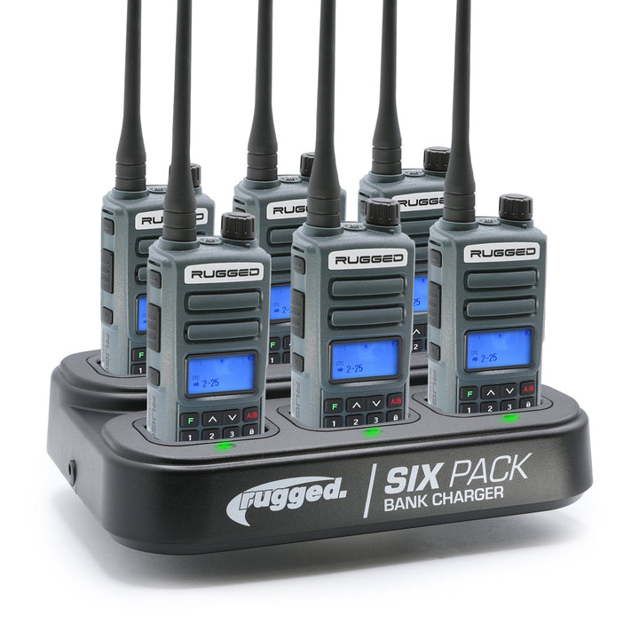 GMRS Handheld Radio and 6 - Pack Bank Charger Bundle - Rugged Terrain