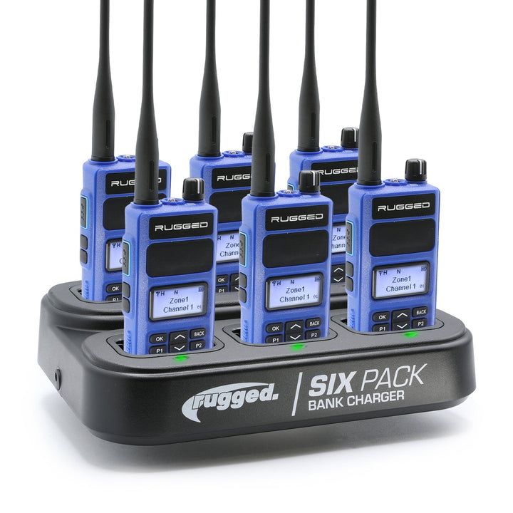 Rugged Radios Business Band Handheld Radio and 6 - Pack Bank Charger Bundle - Rugged Terrain
