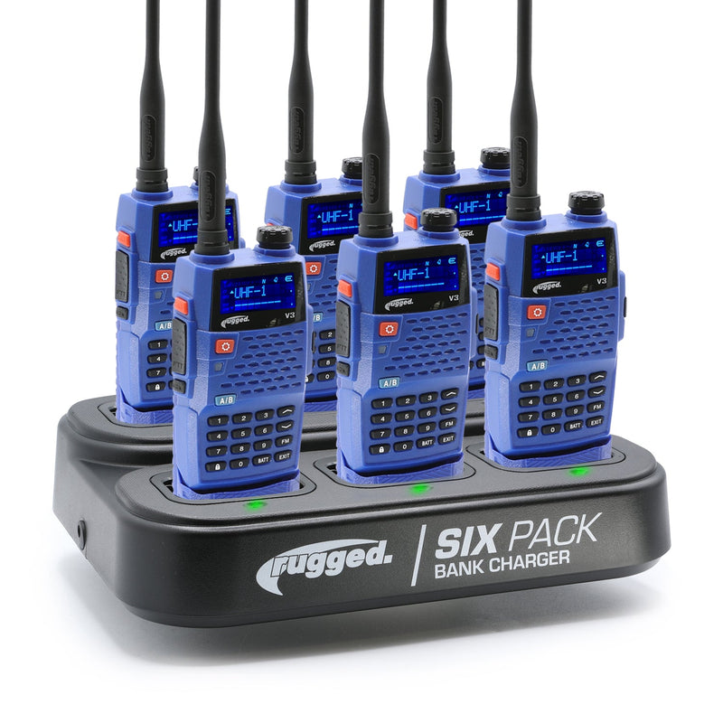 Rugged Radios Business Band Handheld Radio and 6-Pack Bank Charger Bundle