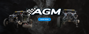 AMG "Shop Now" Banner emphasizing "The Electric Jack" holding up a Can-Am Maverick X3 with a tire off