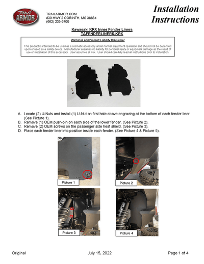 Trail Armor Inner Fender Liners for 2020+ Kawasaki KRX 1000 - Rugged Terrain