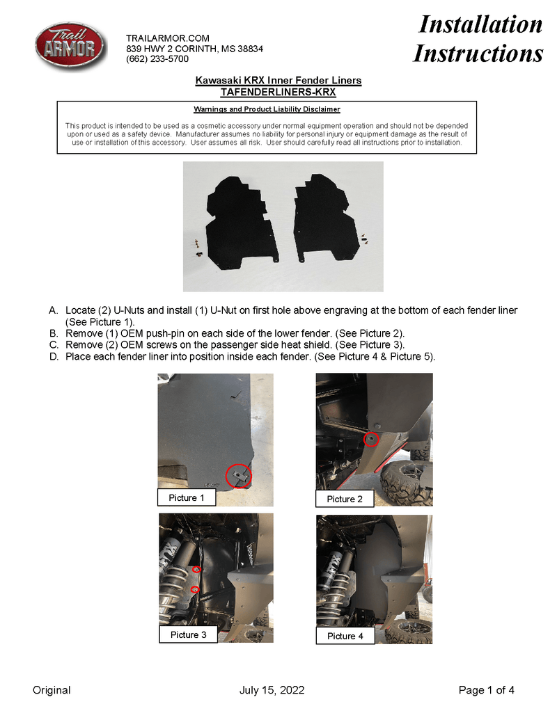 Trail Armor Inner Fender Liners for 2020+ Kawasaki KRX 1000 - Rugged Terrain
