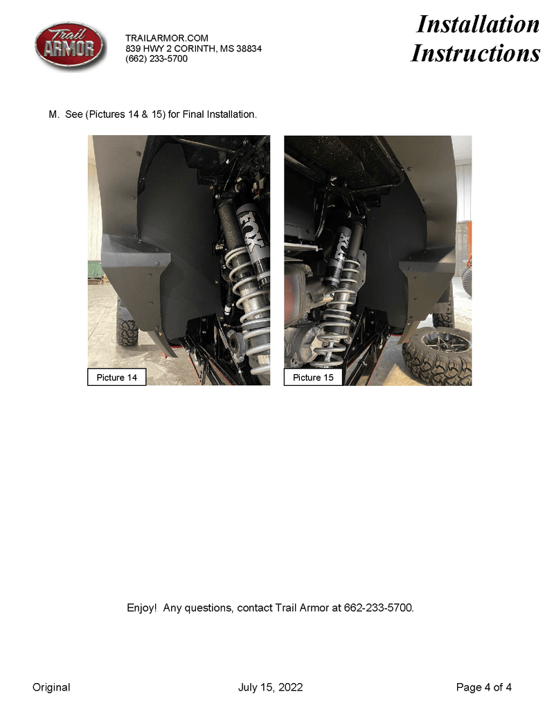 Trail Armor Inner Fender Liners for 2020+ Kawasaki KRX 1000 - Rugged Terrain
