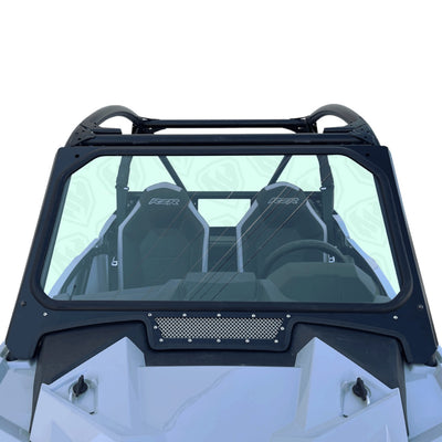 close up front detail installed windshield