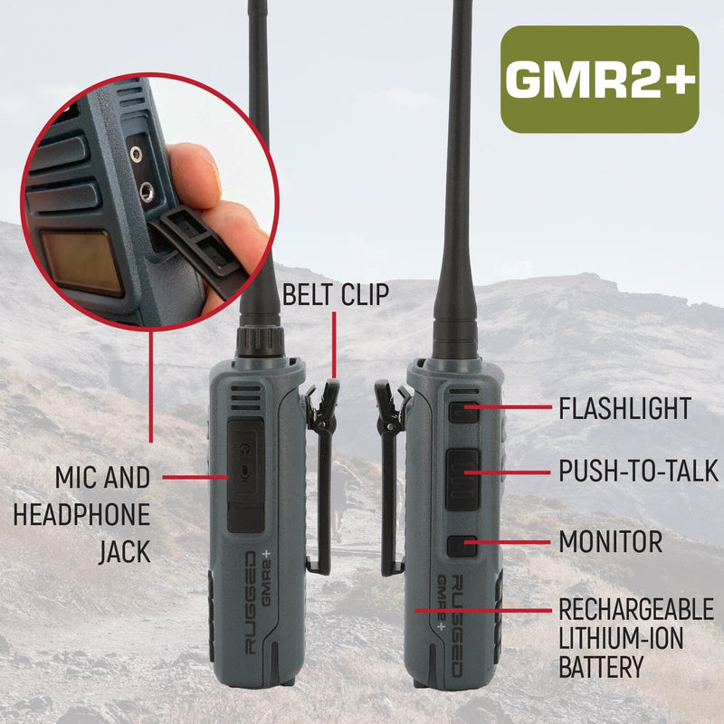 ADVENTURE PACK - 2 PACK - GMR2 GMRS and FRS Two Way Handheld Radios with XL Batteries and Hand Mics - Grey