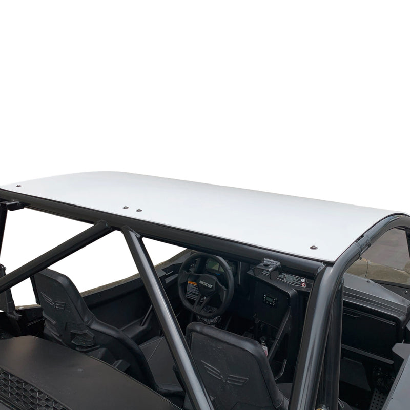 rear top view installed aluminum white roof moto armor wild cat