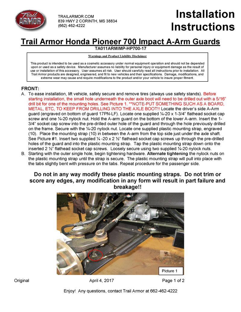 Trail Armor iMpact A-arm Guard Honda | 2014-23 Pioneer 700 (Installation Instruction)
