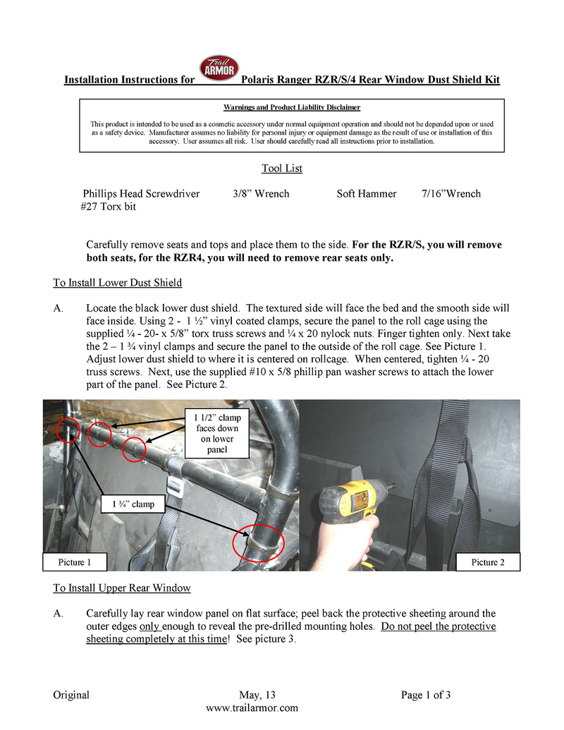 Trail Armor Rear Window Dust Shield Kit | 2010-14  Polaris RZR 4 800 (Installation Instruction)