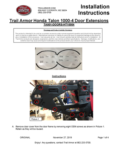 Trail Armor Lower Door Insert Kit | 2020-22  Honda Talon 1000X-4  (Installation Instruction)