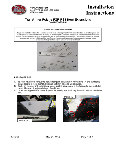 Trail Armor Upper Door Insert Kit | 2018 - 2020 Rzr RS1  (Installation Instructions)