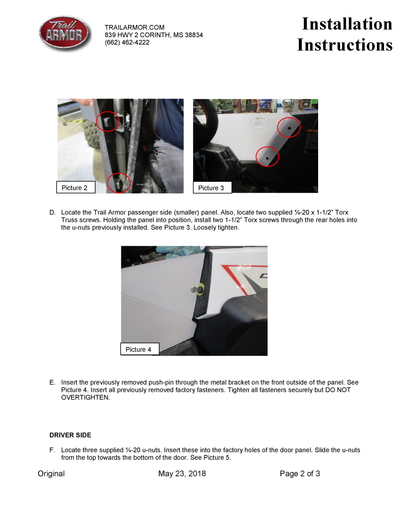 Trail Armor Upper Door Insert Kit | 2018 - 2020 Rzr RS1  (Installation Instructions)