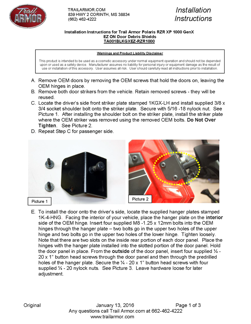 Trail Armor GenX Doors | 2015-20 RZR XP 1000 \ RZR XP Turbo EZ Model ( Installation Instruction)