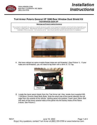 Trail Armor  Rear Window Dust Shield | 2020-23 Polaris General XP 1000 Model(Installation Instructions)
