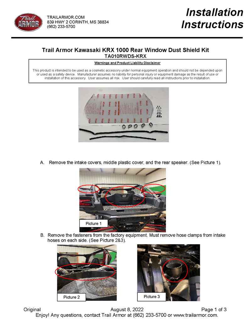Trail Armor Rear Window Dust Shield Kit | 2020-22 Kawasaki KRX (Installation Instructions)