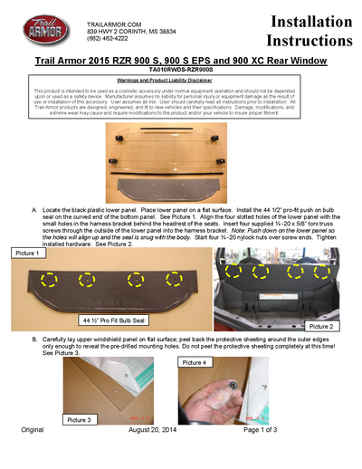 Trail Armor Rear Window Dust Shield | 2015-17 Polaris RZR 900 / RZR TRAIL Model (Installation Instruction)