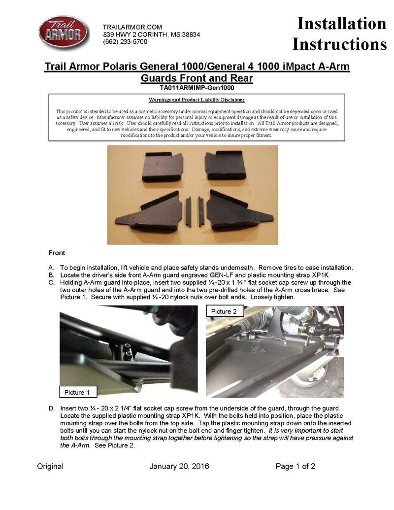 Trail Armor IMpact A-Arm Guards Front and Rear | 2016-22 Polaris General 1000 Model (Installation Instruction)