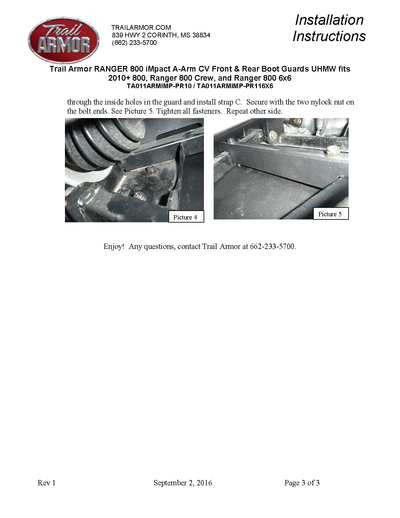 Trail Armor iMpact A-Arm CV Front & Rear Boot Guards | 2010-14 Ranger 800 Model (Installation Instruction)