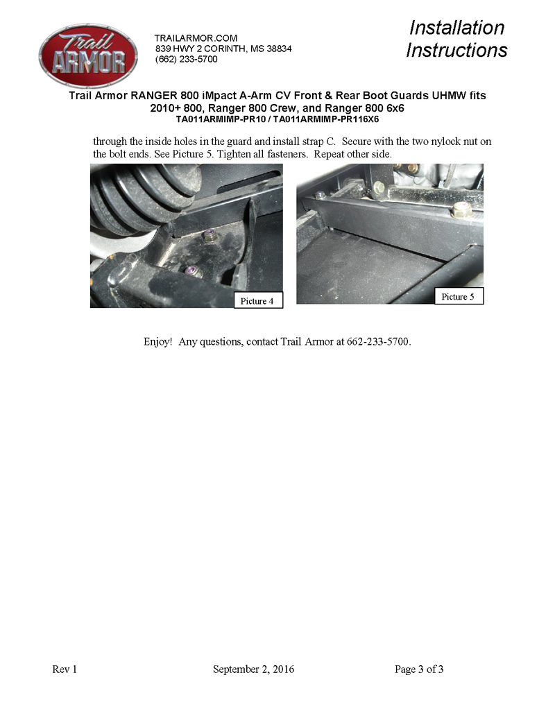 Trail Armor iMpact A-Arm CV Front & Rear Boot Guards | 2010-17 Ranger 800 6x6 (Installation Instructions)