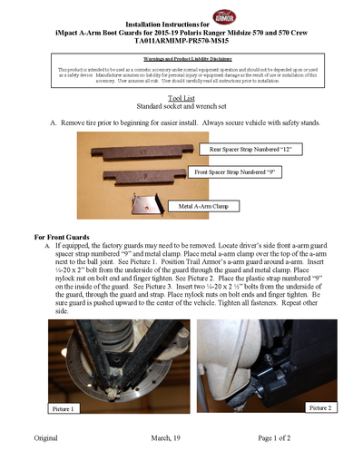 Trail Armor  iMpact  A-Arm Guards | 2014-21 Ranger Midsize 570 \ 570 Crew (Installations Instructions)