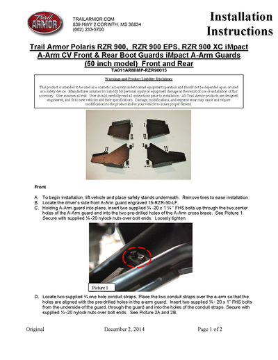 Trail Armor Ultimate iMpact A-Arm Guards Front and Rear | 2015-22 Polaris RZR Model  (Installation Instruction)