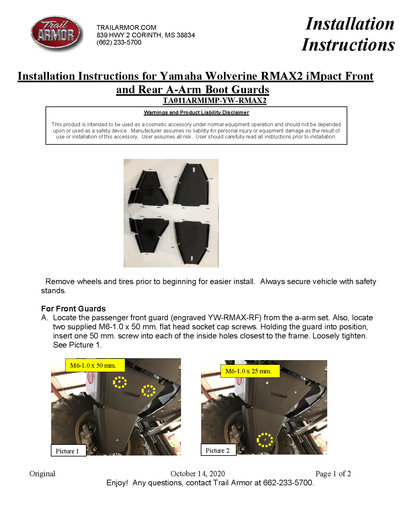 Trail Armor iMpact A-Arm Guards | 2021-22 Yamaha Wolverine RMAX2 Model(Installation Instruction)