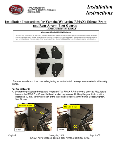 Trail Armor  iMpact A-Arm Guards Yamaha Wolverine | 2021-22 RMAX4 \  RMAX4 1000 Model (Installation Instruction)