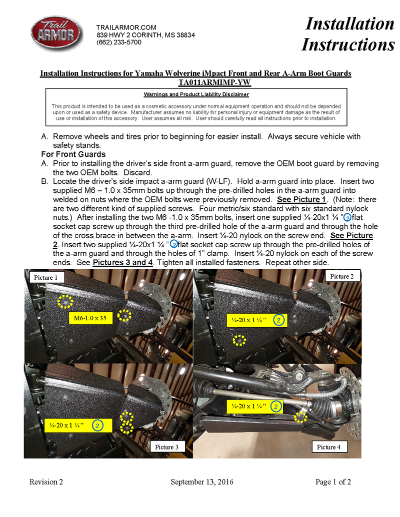 Trail Armor iMpact A-Arm CV Front and Rear Boot Guards | 2016-17 Yamaha Wolverine (Installation Instruction)