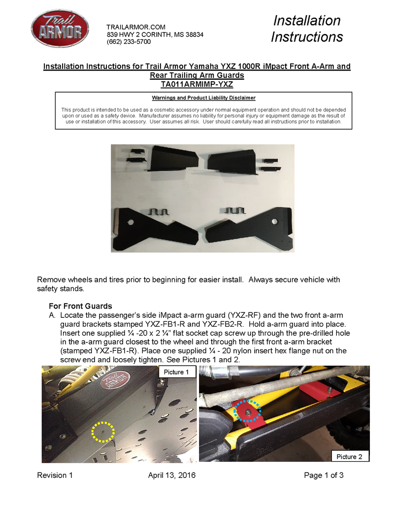 Trail Armor iMpact A-Arm CV Front and Rear Trailing Arm Guards | 2016-23 Yamaha YXZ 1000R Installation Instruction
