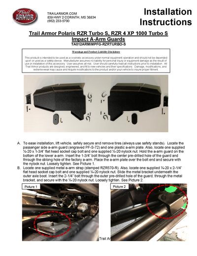 Trail Armor Front Arm Guard (Set of 2) | 2018-21 Polaris RZR XP 1000 Turbo (Installation Instruction)