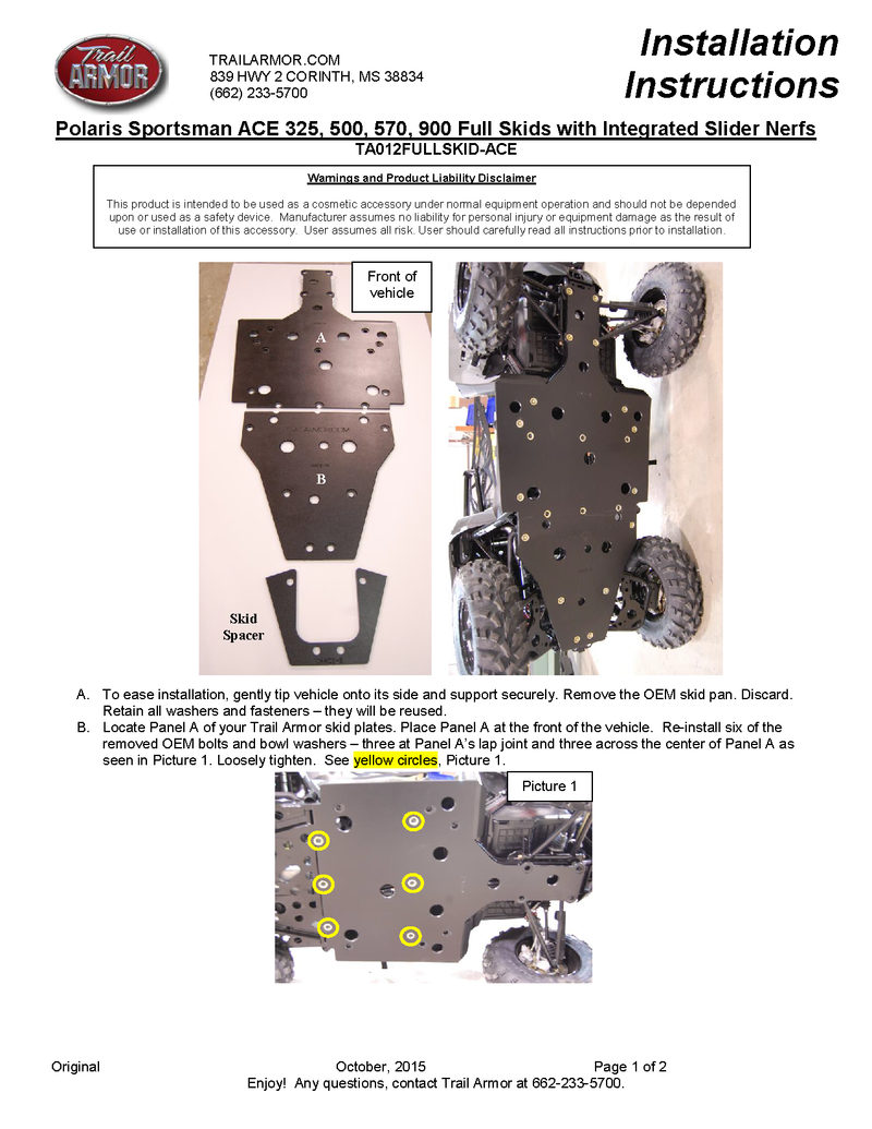 Trail Armor Full Skids | 2014-19  Polaris Sportsman ACE Models (Installation Instructions)