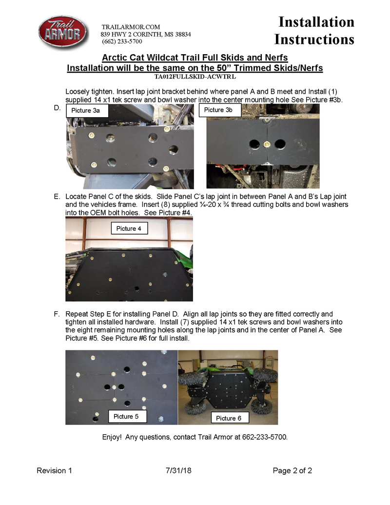 Trail Armor Skid Plates | 2014-19 Wildcat Sport Trail XT Limited (Installation Instruction)