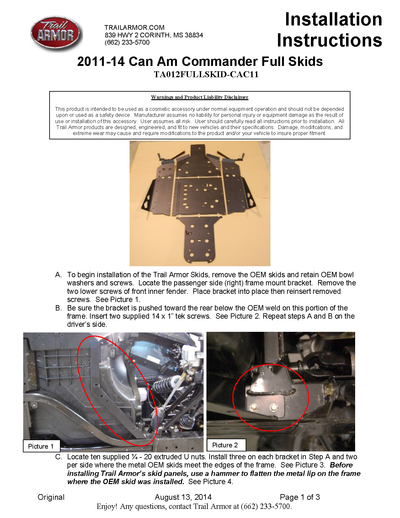 Trail Armor Skid Plates | 2011-14 Can-Am Commander 800 /DPS /XT/ 1000  (Installation Instruction)