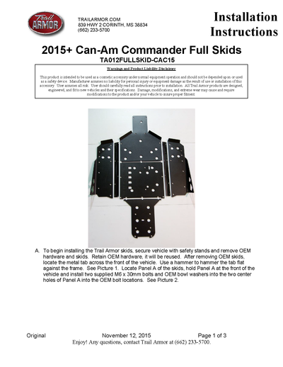 Trail Armor Skid Plates | 2015-20 Can-Am Commander 800/ DPS/ XT /1000(Installation Instruction)