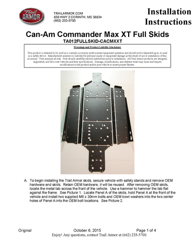 Trail Armor Skid Plates | 2014-20 Can-Am Commander Max XT (Installation Instruction)