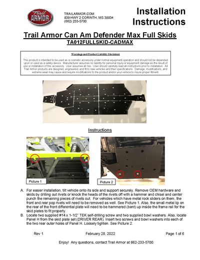 Trail Armor Skid Plates | 2018-23 Can-Am Defender Max XT Cab HD Max X Pro DPS  (Installation Instruction)