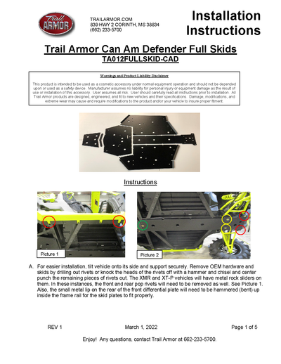 Trail Armor Skid Plates | 2016-23 Can-Am Defender HD Models (Installation Instructions)