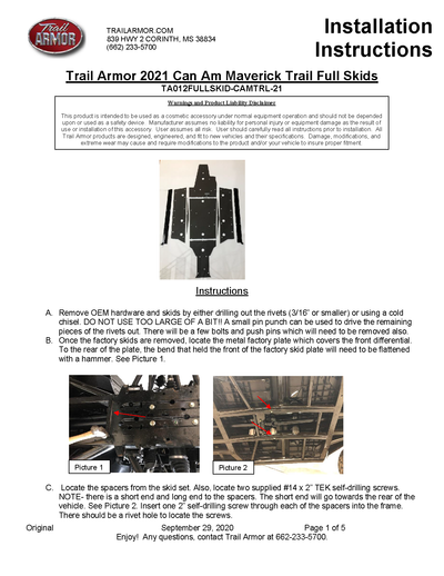 Trail Armor Full Skids with Integrated Slider Nerfs | 2020-23 Can-Am Maverick  (Installation Instruction)