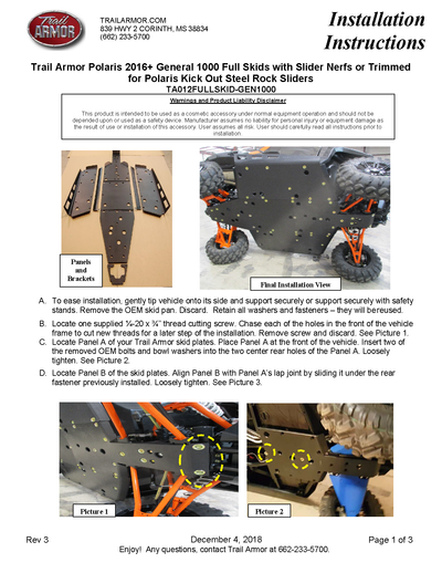 Trail Armor Full Skids with Standard Slider Nerfs or Trimmed for Polaris Kick Out Steel Rock Sliders | 2016-23 Polaris General 1000 Model (Installation Instructions)
