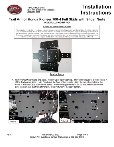 Trail Armor Full Skids | 2014-21 Honda Pioneer 700-4  (Installation Instructions)