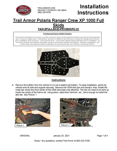 Trail Armor Skid Plates | 2021 Polaris Ranger / XP 1000 Crew (Installation Instruction)