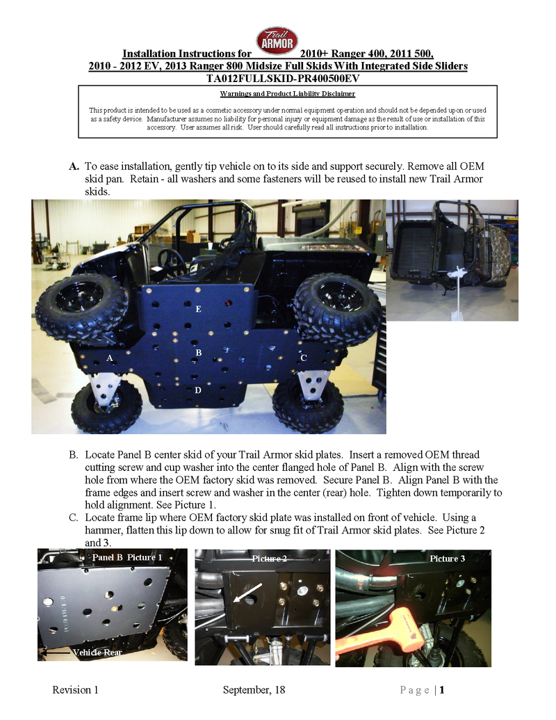 Trail Armor EV Full Skids with Integrated Sliders | 2010-13 Polaris Ranger Midsize 800 / 400 / 500( Installation Instruction )