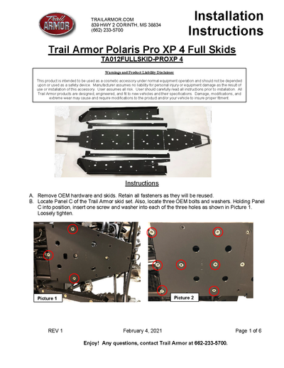 Trail Armor Full Skid Plate | 2020-22 Polaris RZR Pro XP 4 (Installation Instruction)