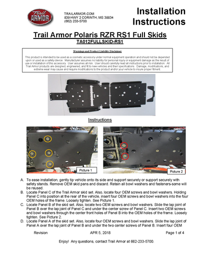 Trail Armor Full Skids plate | 2018-22 Polaris RZR RS1 (Installation Instructions)