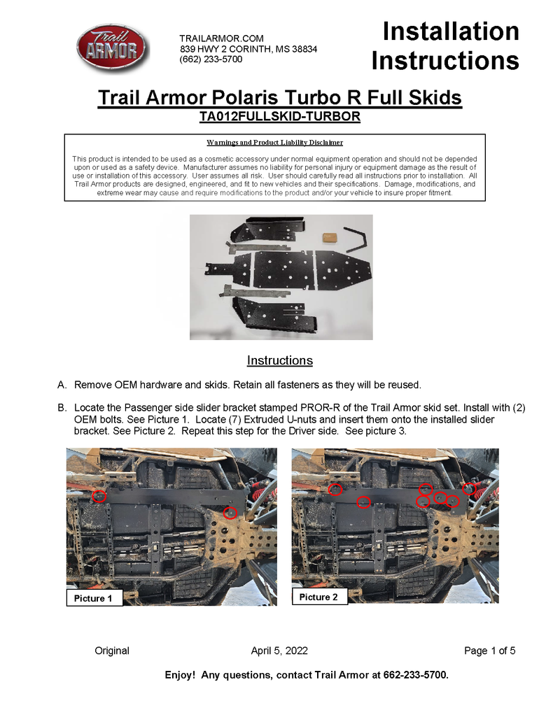 Trail Armor Full Skid Plate | 2022 Polaris RZR Turbo R (Installation Instructions)