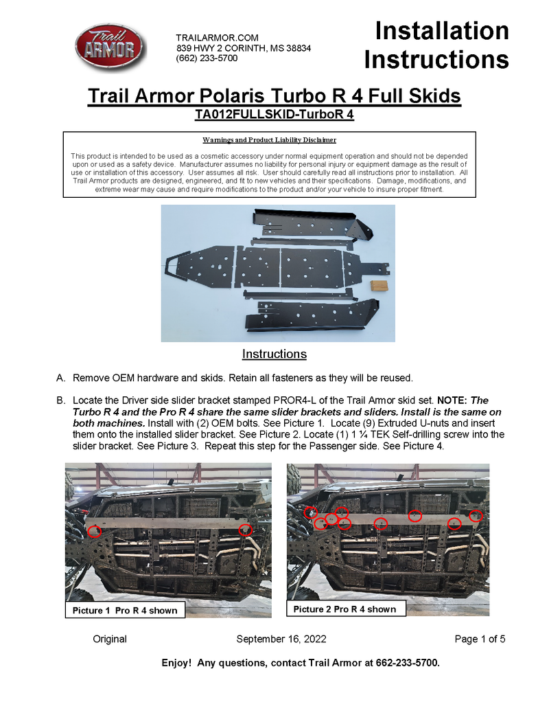 Trail Armor 4 Full Skids with Standard or Trimmed Sliders | 2022 Polaris Turbo R 4 (Installation Instructions)