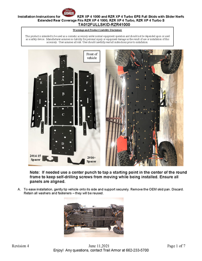 Trail Armor Full Skids with Slider Nerfs | 2016-21  RZR XP 4 1000 \ RZR XP 4 TURBO S Velocity (Installation Instruction)