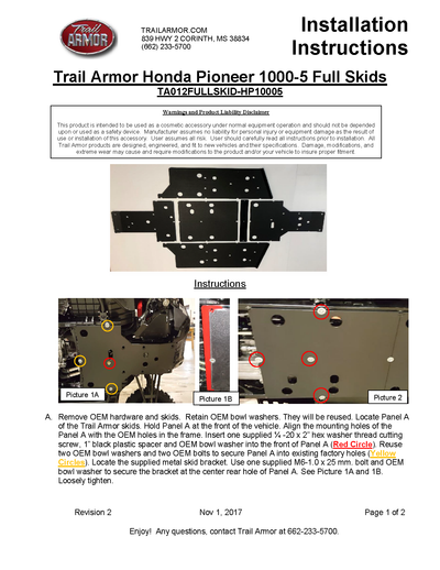 Trail Armor Full Skids | 2016-22 Honda Pioneer 1000neer 1000 (Installation Instruction)
